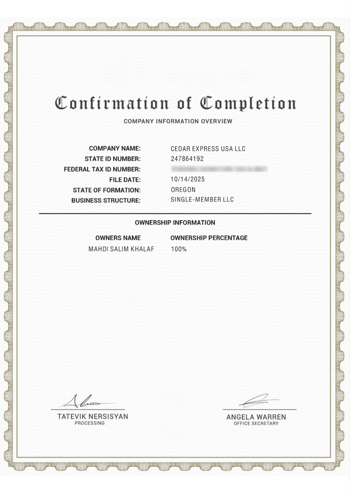 Cedar Express USA LLC Certificate